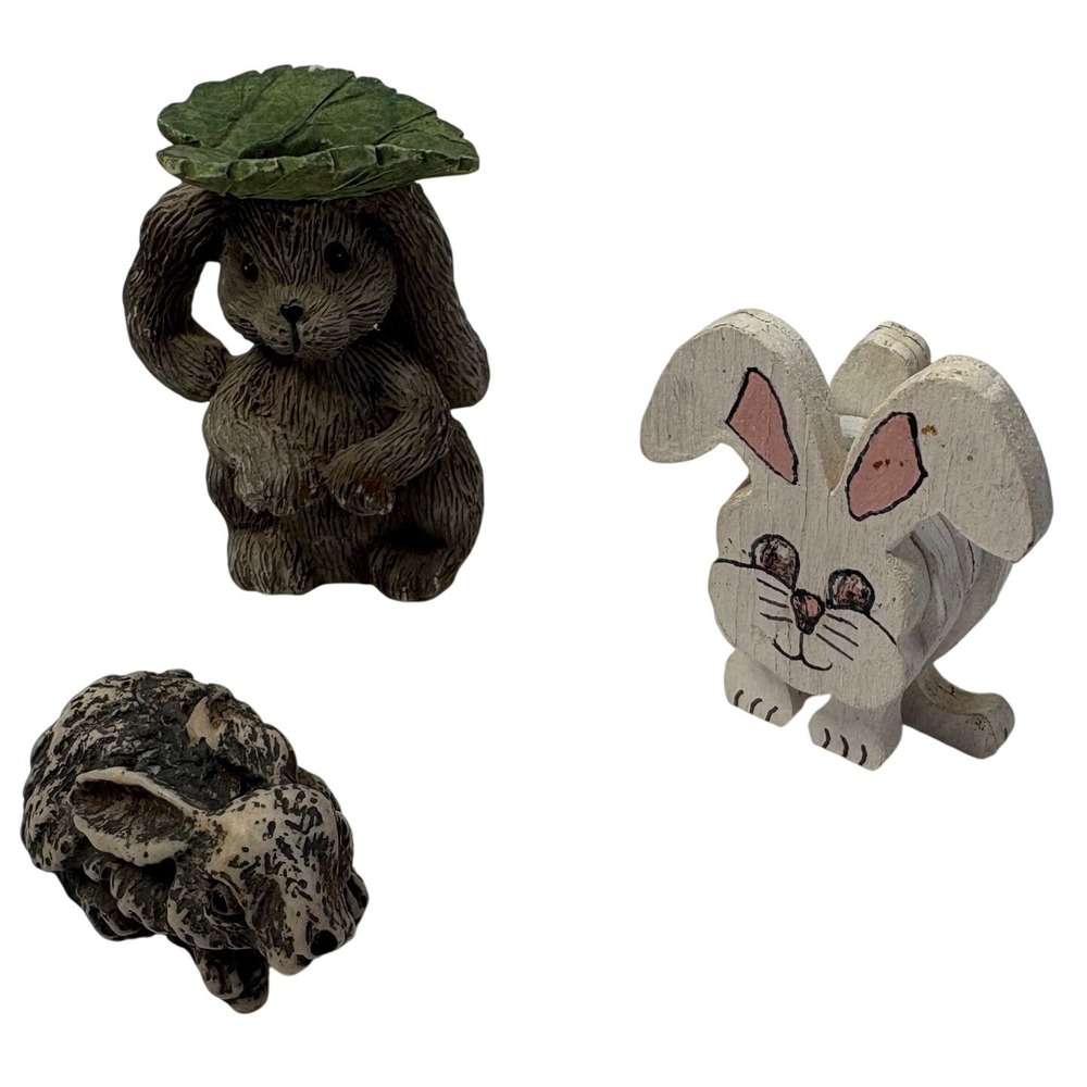 Rabbit Figurine Lot Resin Leaf Umbrella Wood Painted & Stone Bunny Trio Vintage
